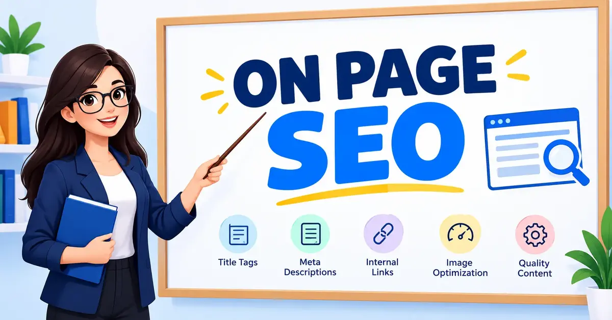 A teacher pointing towards a board on which On-Page SEO is written.